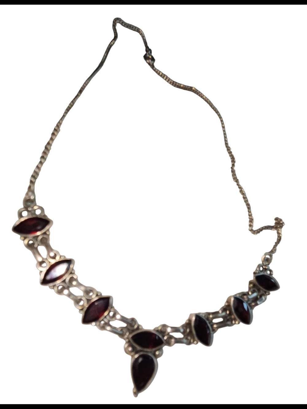 Vintage Sterling Silver & Marquise Garnet Statement Necklace - Picture 7 of 8